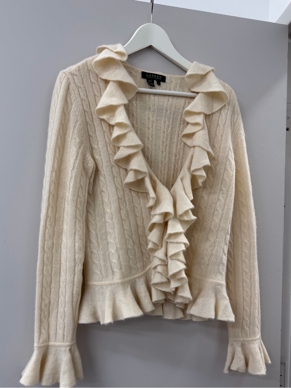 Ralph Lauren Cream Ruffle Cable-Knit Cardigan